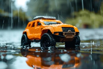 Fototapeta premium 4x4 remote control car in a puddle in the rain