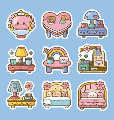 Naklejka premium Kawaii furniture printable stickers vector illustration set