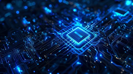 Glowing light blue neon AI chip with thin circuit contact lines. AI chip on technology background. Abstract digital tech background in monochrome blue. Semiconductor on a board. Vector illustration.