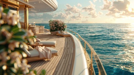 Fototapeta premium Close-up of a boats deck with a luxurious sunbathing area and sea view