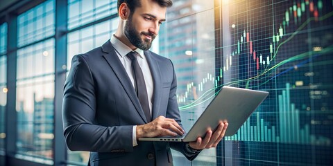 Fototapeta premium businessman laptop with business trading or stock market , crypto exchange interface UI, for economic market stock investment, financial freedom portfolio or company profit and growth strategy