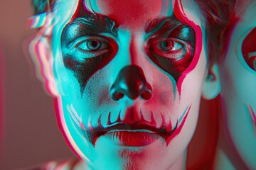 A person's face with clown makeup and 3D anaglyph effect