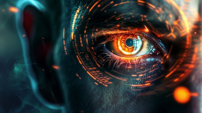 Modern cyber man with technolgy eye looking