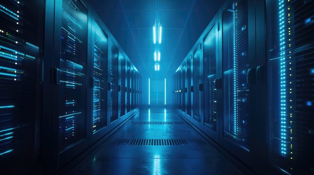 A parallel row of servers, adorned in electric blue, fills a technology-driven data center hallway with a symmetrical display of power and Azure technology. AIG41