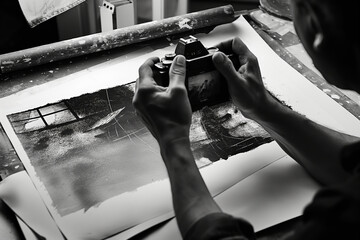 An artist captures their painting on camera, focusing on the artwork's detail and composition
