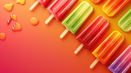 A vibrant advertising poster featuring an array of colorful popsicles on a gradient orange background, perfect for summer promotion.