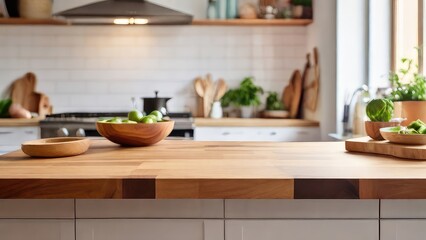 blank wooden countertop with vegitables in front of a blurred