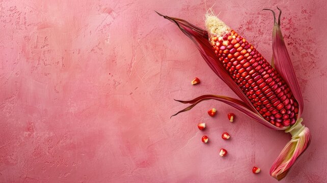 A single ear of red corn with the husk peeled back, set against a pink textured background.