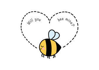 Happy smiling bee with heart trail, will you bee mine, Valentine’s Day graphic, cute love quote