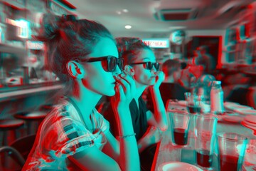 A dynamic image of people sitting in a restaurant with a striking 3D anaglyph effect