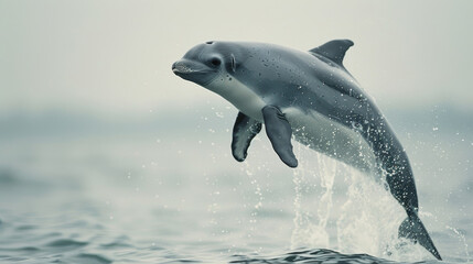 Close-up of a porpoise leaping out of the sea, showcasing its streamlined form and the dynamic splash of water.
