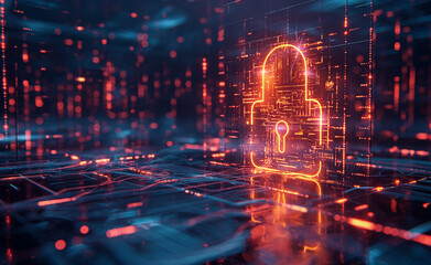 A glowing padlock symbol on a digital grid, representing cybersecurity.