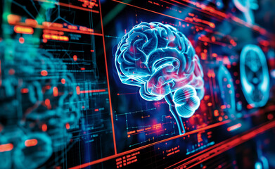Obraz premium Digital illustrations of human brains in neon colors on a technological interface.