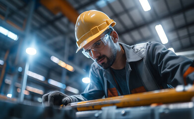 A factory worker focused on his task, wearing a hard hat and safety glasses in an industrial setting.