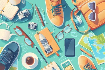 Flat lay of travel essentials including sneakers, camera, sunglasses, map, and coffee cup arranged on a teal background.