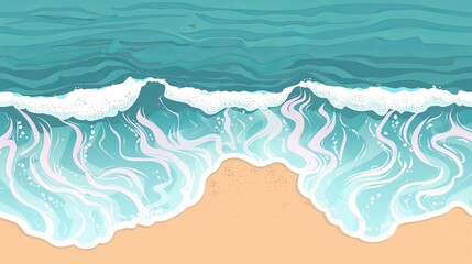 Obraz premium Beautiful illustration of ocean waves gently crashing onto sandy beach, showcasing vibrant colors in a serene, coastal seascape setting.