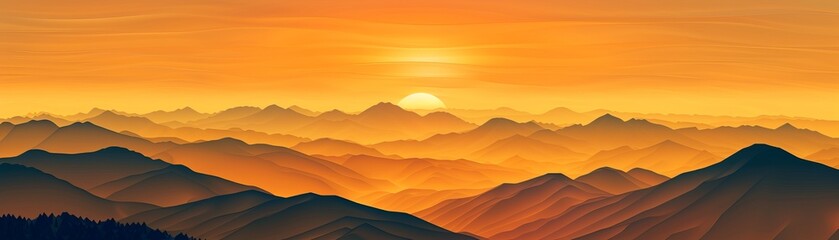 Obraz premium Stunning panorama of a vibrant sunset over rolling mountains, capturing the beauty of nature with a breathtaking sky and serene landscape.
