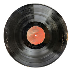 Close-up of a classic black vinyl record with a red label, showcasing the timeless appeal of analog music media. Isolated on transparent background