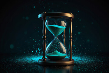 Hourglass surrounded by flowing blue green light particles on a black background. Modern illustration for time, technology, and modern life concepts.