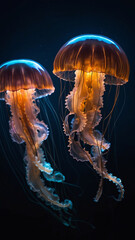 glowing sea jellyfishes on dark background, glowing sea jellyfishes in clean blue water, jelly fish, water, blue water, ai generated