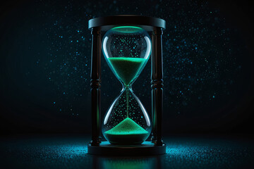 Hourglass surrounded by flowing blue green light particles on a black background. Modern illustration for time, technology, and modern life concepts.