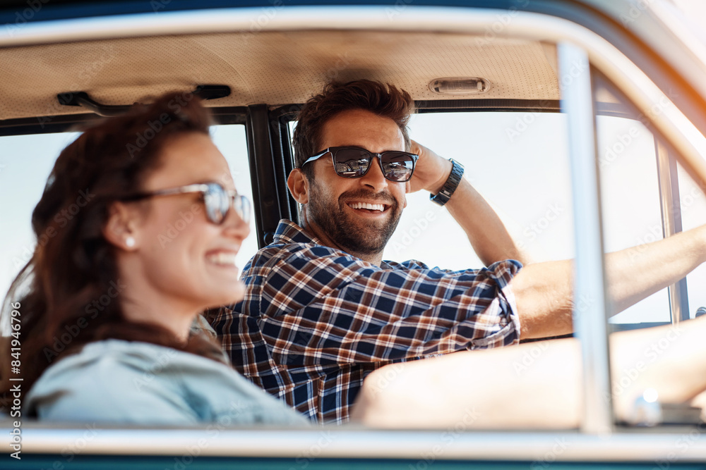 Canvas Prints Couple, road trip and car for vacation and window, summer and adventure for explore together. Smile, sunglasses and love in countryside in transport, vehicle and sunshine for man and female people