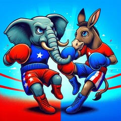 Republican Elephant vs. Democratic Donkey Boxing Battle representing the Republican and Democratic parties battling