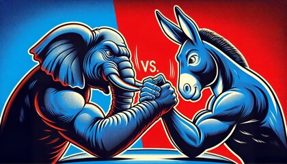 Republican Elephant vs. Democratic Donkey Arm Wrestling Match, representing political rivalry. Red and Blue Background