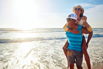 Black couple, beach and piggyback for holiday, vacation and bonding with romance, fun and...