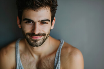 A close up portrait of a young man with a subtle smile