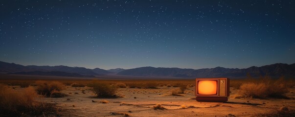 Old television in desert under starry night sky, surreal landscape concept