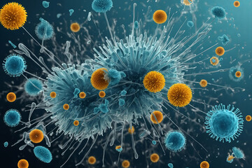 Fototapeta na wymiar Attack of viruses, bacteria, mold spores, fungi, pollen, and dust. Concepts for air hygiene, cleaning, and pharmaceutical industry 