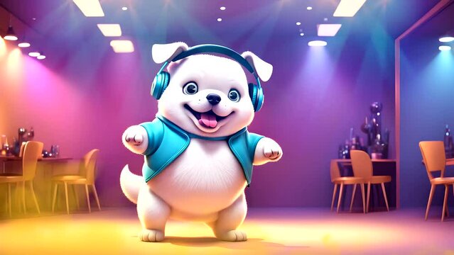 Funny dog with headphones dancing. Seamless looping time-lapse 4k video animation background