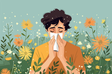 Hay fever. man suffers from pollen and grass allergy and blows her nose with a handkerchief