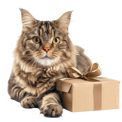 Adorable tabby cat sitting beside a wrapped gift, perfect for holiday or celebration themed images.  isolated on transparent background.