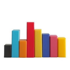 Colorful bar chart with rectangular blocks in varying heights representing data analysis and business statistics. Isolated on transparent background