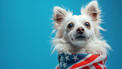 A fluffy white dog wearing a bandana with the US flag design