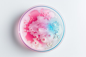 Petri dish with variously colored bacteria and microbial colonies on a white background. Microbial growth and diversity, for educational or scientific purposes for microbiology.