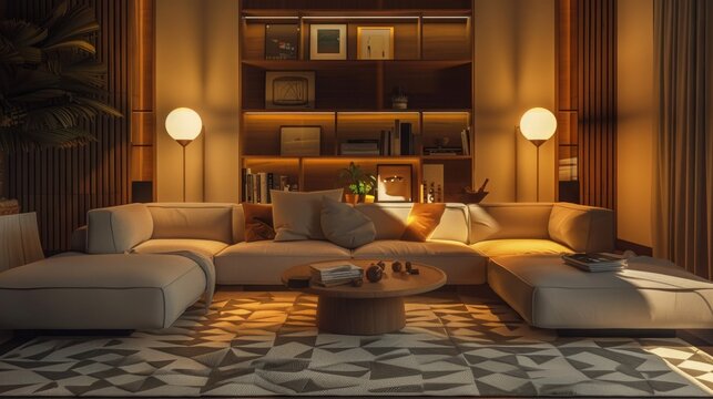 Modern Cozy Living Room with Ambient Lighting, Generative AI - Powered by Adobe