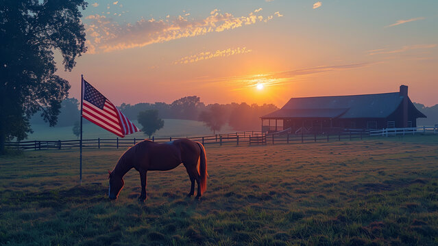 Majestic horse grazes peacefully in field near US flag, American flag, grazing horse, sunrise field, Independence day, fourth of July, American patriotism, American countryside 
