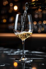 An elegant glass of white wine being poured, against a dark bar background.