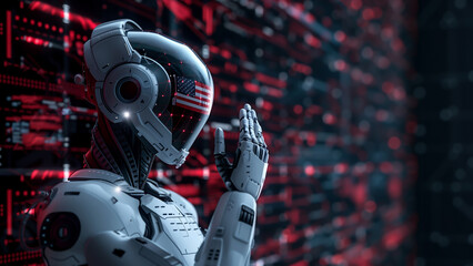 Fototapeta premium AI assistant salutes with US flag hologram, American flag, futuristic robot, salute gesture, digital patriotism, Independence day, fourth of July, digital background