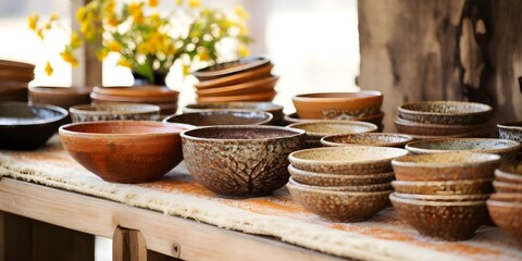 Fototapeta premium Sustainable Ceramics Shop Featuring Handmade Modern Tableware with a Unique Touch. Concept Sustainable Ceramics, Handmade Tableware, Modern Design, Unique Touch, Eco-friendly Craftsmanship