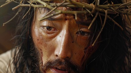 A asian man with a crown of thorns on his head