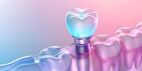 A colorful neon dental implant installation with abutment and artificial crown. Concept Dental Implant Installation, Abutment, Artificial Crown, Colorful Neon