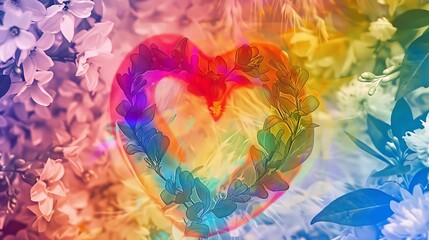 A vibrant rainbow LGBT heart outline on a floral background, designed for a Valentine's Day card