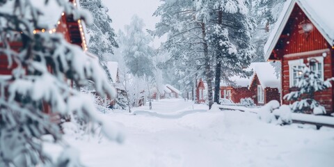 Fototapeta premium A winter wonderland of snow-covered cabins in a snowy forest.