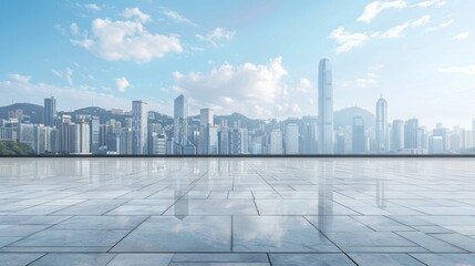 Modern Cityscape with Reflections on Marble Floor, Generative AI