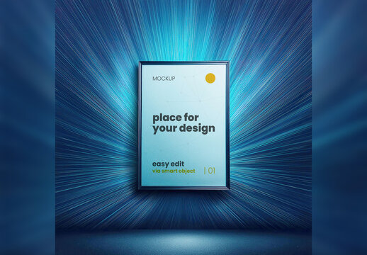 Poster Frame Mockup with blue beams effect background Generative Ai