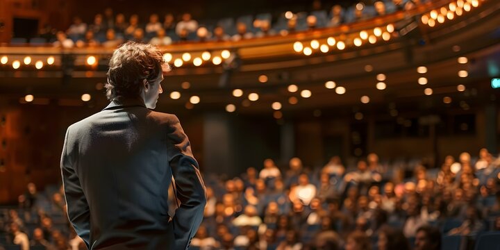 Male artist on stage in full theater with audience view from behind. Concept Stage Performance, Full Theater, Male Artist, Audience View, Behind the Scenes